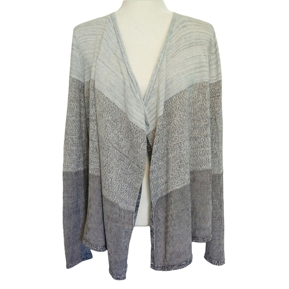 Lou & Grey Colorblock Striped Open Front Drape Cardigan Blue & Gray Modern - Picture 1 of 8